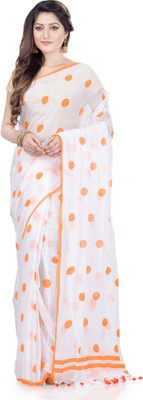 Desh Bidesh Polka Print Handloom Handloom Cotton Blend, Pure Cotton Saree(White, Orange)