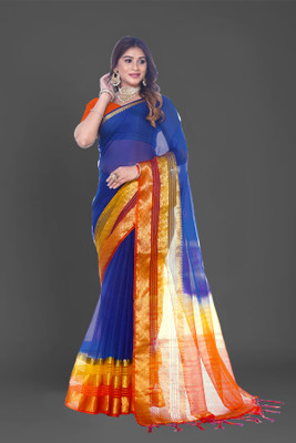 Aarunika MNT Solid/Plain Bollywood Organza Saree(Light Blue, Orange)
