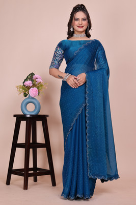 V AMAN FASHION Solid/Plain, Self Design, Embroidered Bollywood Chiffon, Jimmy choo Saree(Blue)
