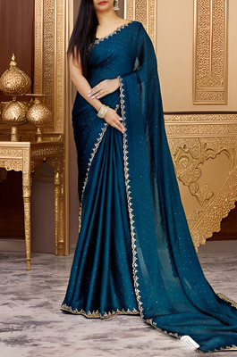 Vraggi Embellished Bollywood Lycra Blend Saree(Blue)