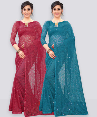 LOROFY Self Design Bollywood Net Saree(Pack of 2, Maroon, Blue)