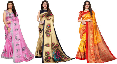 Nirvaan Printed, Woven Mysore Art Silk Saree(Pack of 3, Pink, Gold, Yellow)