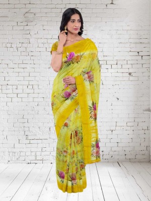 Classy Foriever Printed Daily Wear Cotton Blend Saree(Yellow)