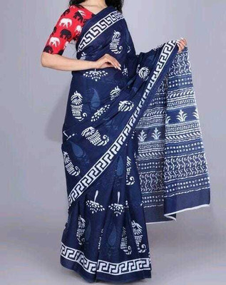 DASTKARPRINT Printed, Color Block, Blocked Printed, Floral Print, Dyed Daily Wear Pure Cotton Saree(Dark Blue)