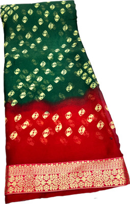 MINE CHOICE Printed Bandhani Art Silk, Chiffon Saree(Dark Green, Red)