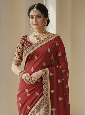 Anugrah Textile Embroidered Banarasi Lycra Blend, Chiffon Saree(Maroon, Gold)