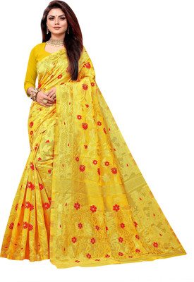 ANISSA SAREE Self Design Jamdani Cotton Blend Saree(Yellow)