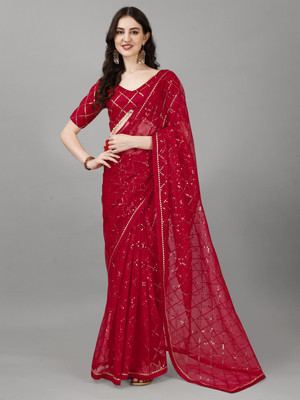 Western Gallary Embroidered Bollywood Net Saree(Red)