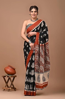 havya creation Printed Banarasi Linen Saree(Black)