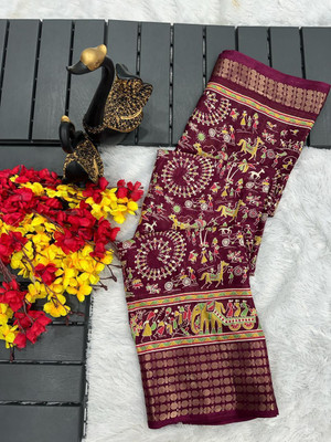 dhanshreesaree Printed Bollywood Silk Blend Saree(Maroon)