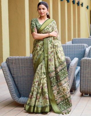 Satrani Printed, Embellished, Woven Bollywood Silk Blend Saree(Green)