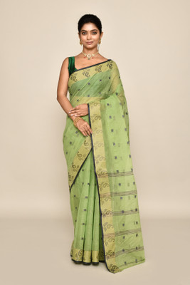 maa textile Self Design Tant Pure Cotton Saree(Green)