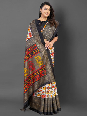 Divastri Printed Pochampally Silk Blend Saree(White)