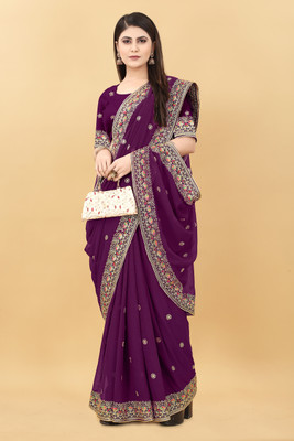 FluteFashion Embroidered Bollywood Georgette Saree(Magenta)