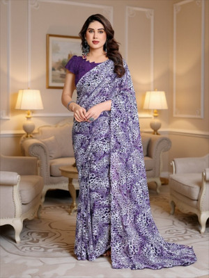 SmittenSmit Printed Daily Wear Georgette Saree(Purple)