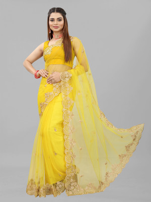 Yashakti Designer Embroidered Bollywood Net Saree(Yellow)