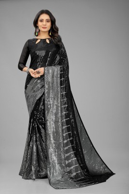 3Buddy Fashion Striped, Embroidered Bollywood Georgette Saree(Black, Grey)