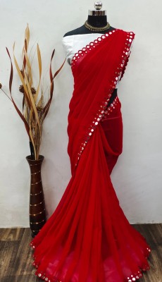 ZENFAB THREADS Embroidered Bollywood Georgette Saree(Red)