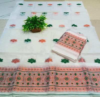 siyaramfabrics Geometric Print, Woven Mekhela Chador Cotton Silk Saree(White)