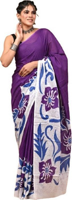 INDIAN DRAPING COMPANY Printed Daily Wear Cotton Silk, Mulmul Saree(Purple)
