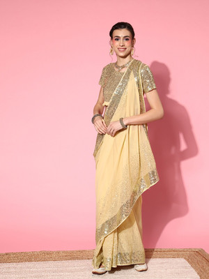 KAVINDI Embellished Bollywood Georgette Saree(Cream)
