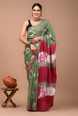 Sopariya Printed Daily Wear Pure Cotton Saree(Green)
