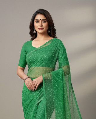 Anugrah Textile Solid/Plain Banarasi Lycra Blend, Chiffon Saree(Green)