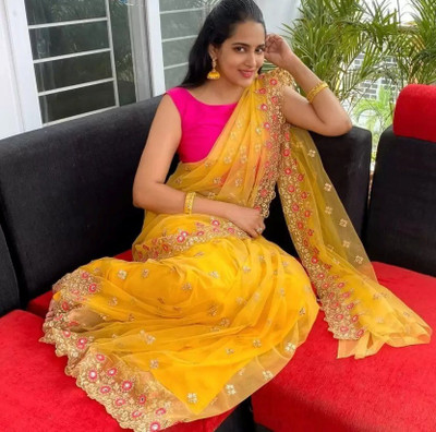 Celeb Styles Embroidered Bollywood Net Saree(Yellow)