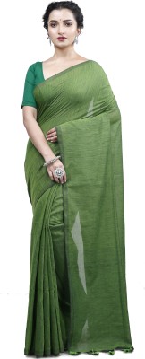 PuJoy Solid/Plain Handloom Cotton Blend Saree(Green)