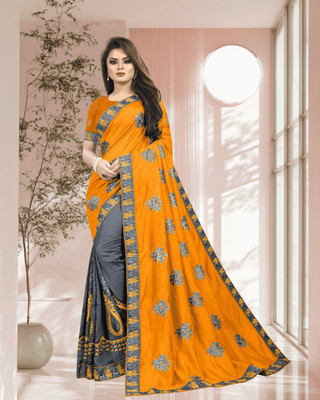 SHOBHTESH Embroidered Venkatagiri Silk Blend, Net Saree(Mustard, Grey)