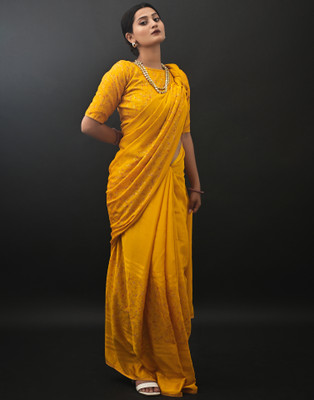 Samah Floral Print, Printed, Embellished, Self Design Bollywood Chiffon Saree(Yellow)