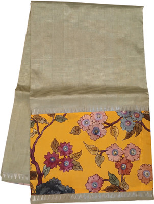 GRUHA LAKHSMI SAREES Floral Print, Printed, Self Design Mangalagiri Handloom Cotton Blend, Silk Blend Saree(Cream, Yellow)