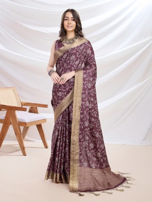 RekhaManiyar Printed Bollywood Silk Blend Saree(Purple)