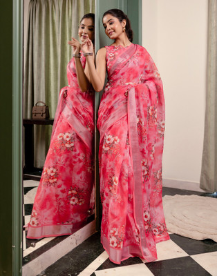Samah Floral Print, Woven, Embellished Bollywood Linen Saree(Pink)