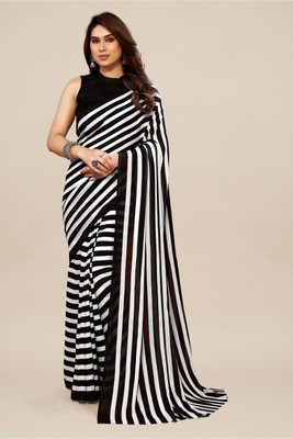 Anand Sarees Striped, Printed Leheria Georgette Saree(Black, White)