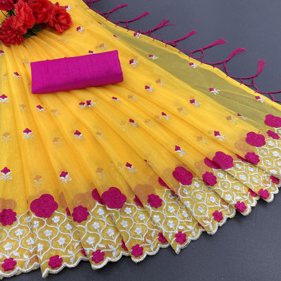 Zintargo Embroidered Bollywood Net Saree(Yellow)