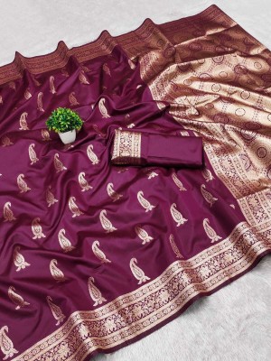 DURGA TEXTILE Printed, Self Design, Floral Print, Embellished, Woven Kanjivaram Silk Blend, Jacquard Saree(Purple)