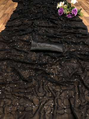 PRATYAMFASHION Embellished, Embroidered, Floral Print, Woven, Self Design, Paisley Bollywood Georgette Saree(Black)