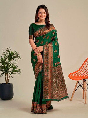 HouseOfCommon Woven Kanjivaram Pure Silk Saree(Green)