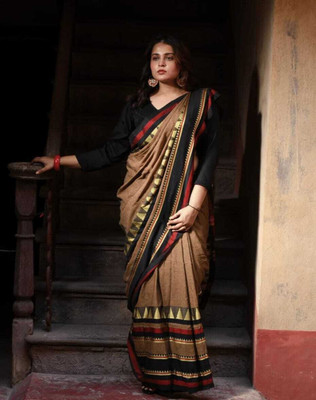 HouseOfCommon Solid/Plain Handloom Pure Cotton Saree(Beige)