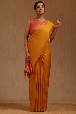 soch Solid/Plain Saree with Attached Blouse Silk Blend Saree(Mustard)