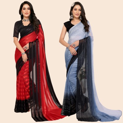 kashvi sarees Embellished, Ombre, Striped Bollywood Satin Saree(Pack of 2, Black, Red, Grey)