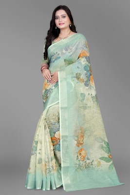 SJY Printed Bollywood Linen Saree(Cream)