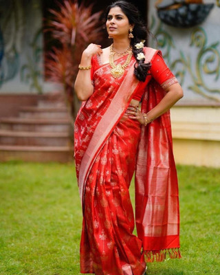 Rudr Venture Self Design Banarasi Cotton Silk Saree(Red)