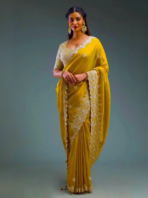 odette Embroidered Saree with Attached Blouse Silk Blend Saree(Mustard)