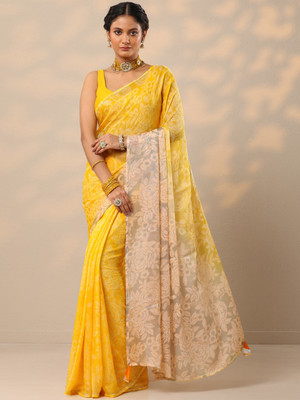 LIBAS Printed, Self Design Daily Wear Silk Blend Saree(Yellow)
