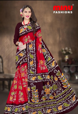 Minu Fashion Woven, Printed Hand Batik Pure Cotton Saree(Brown, Red)