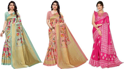 Priyashi Printed Kanjivaram Art Silk Saree(Pack of 3, Light Green, Pink)