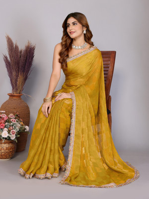 ALAGINI Printed Bollywood Satin, Silk Blend Saree(Mustard)