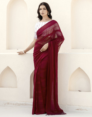 Samah Solid/Plain, Striped Daily Wear Georgette Saree(Maroon)